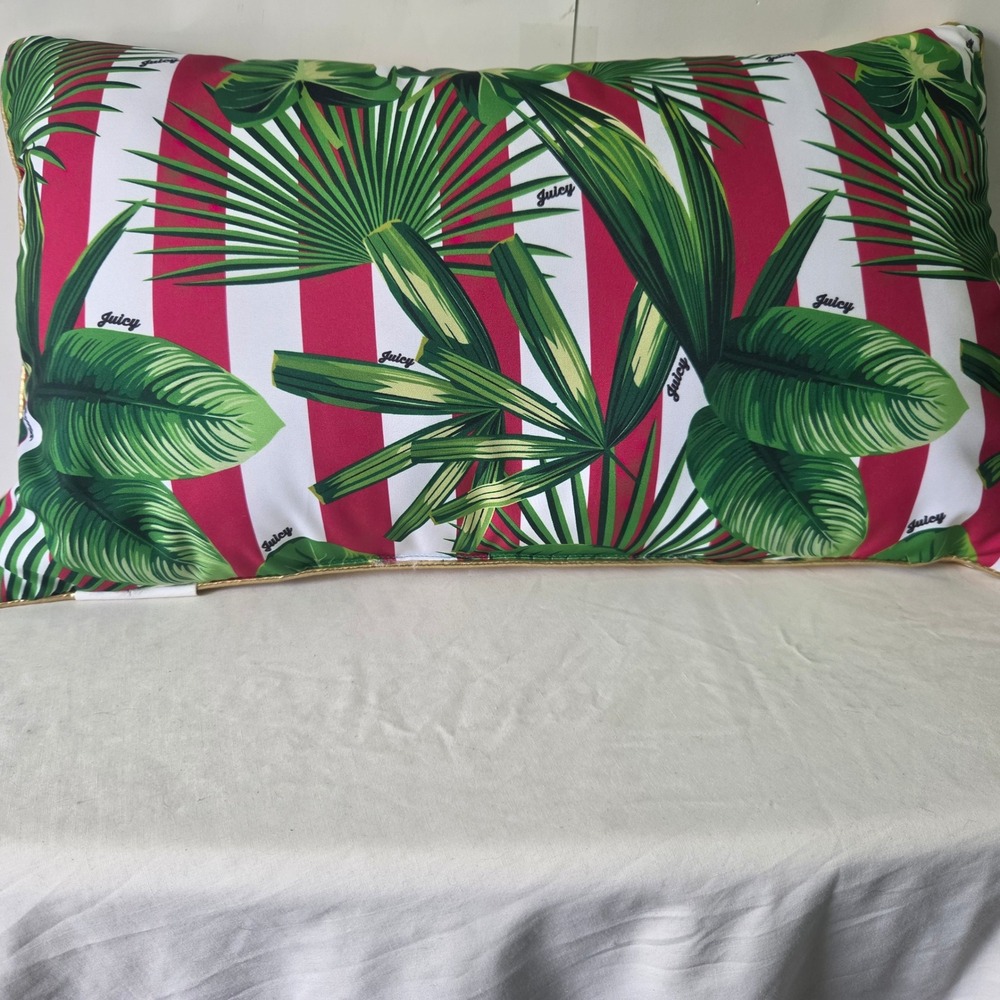 Juicy Couture Tropical Flamingo Palm Leaf Lumbar Pillow Pink Gold Stripe 14x24